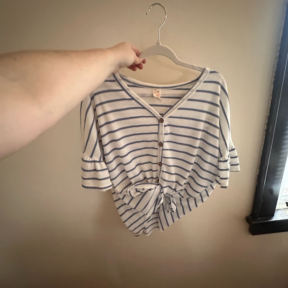 Striped Blue and White tie front ruffle sleeve top